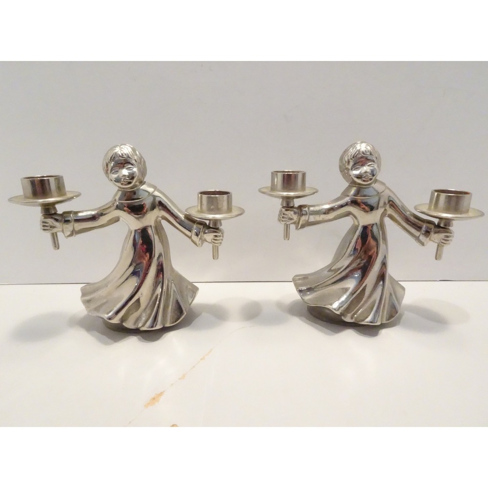 Vintage West Germany Silver Angel Candle Holders Pair Mid Century Modern Decor